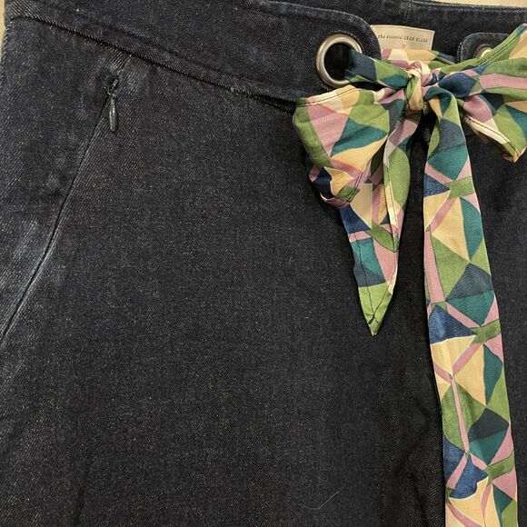 ~ Anthropologie 12 "The Essential Crop Flare" Dk Blue Wash Scarf Tie Denim Jeans - Picture 14 of 16
